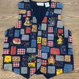 Casey & Max Vintage 90s Patchwork Embroidered Cotton Vest Navy Blue Medium